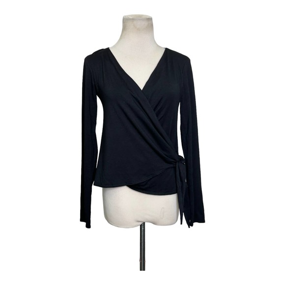 Velvet black long sleeves faux wrap top size Small - Picture 9 of 13